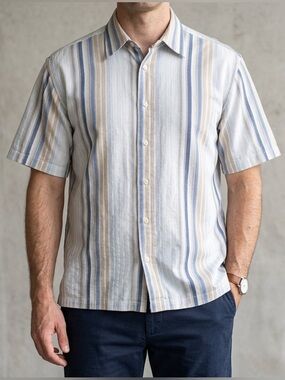 Clave Men’s Short Sleeve Stripped Button Up Collard Dress Shirt Size Large